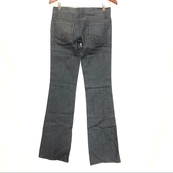 Frankie B dark blue denim low rise waist flared jeans pants F logo back pockets - Picture 1 of 8